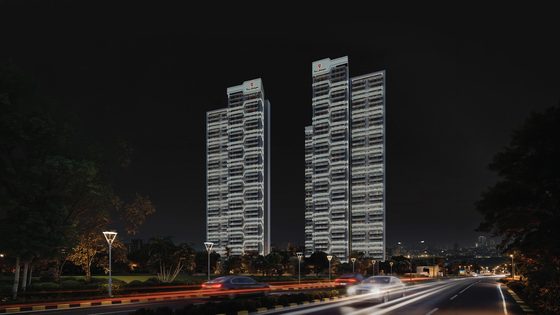 Tonino Lamborghini Residences Gurugram — luxury high-rises at night